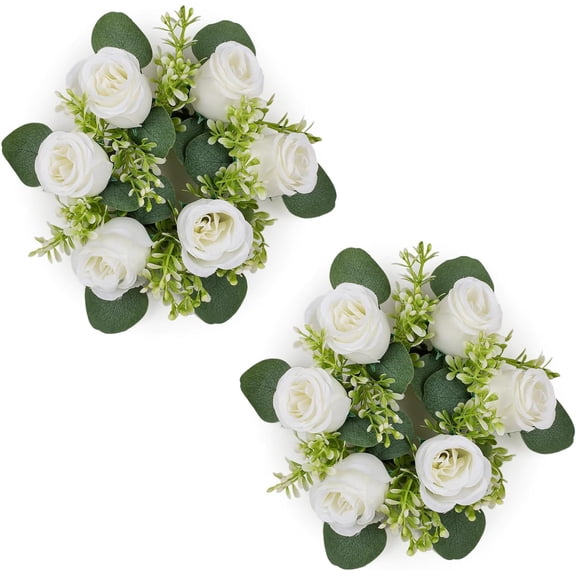 Artificial Flowers Candle Rings - 6 Pcs 14 inch Diam Large White Fake Roses Wreath Wedding Centerpieces for Tables Spring Summer Wreath for Front Door Weddings Party Ceremony Bouquet Decor