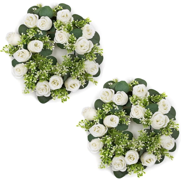 Artificial Flowers Candle Rings - 6 Pcs 14 inch Diam Large White Fake Roses Wreath Wedding Centerpieces for Tables Spring Summer Wreath for Front Door Weddings Party Ceremony Bouquet Decor