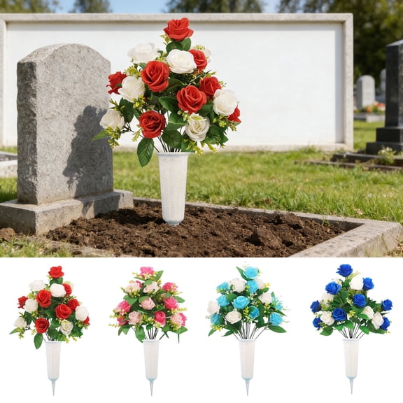 Artificial Flowers – Cemetery Bouquet, Pomegranate Rose Memorial Arrangement with Floor-Standing Vase, Grave Decoration for Outdoor Holiday and