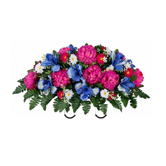 Artificial Flowers for Cemetery Headstone with Iris Silk Floral Saddle, Realistic Outdoor Memorial Grave Decor, Mums Arrangement for Tombstone Memorial Day Displays