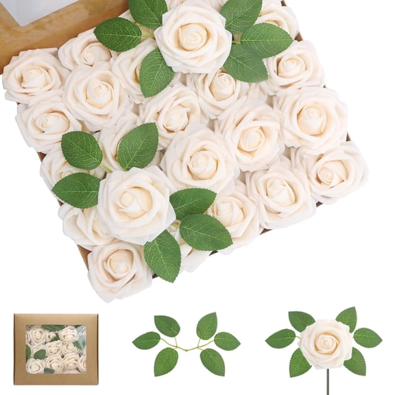 Artificial Flowers Champagne Roses 50PCS Real Looking Foam Fake Roses with Leaves  for DIY Wedding Bouquets Bridal Shower Party Decorations