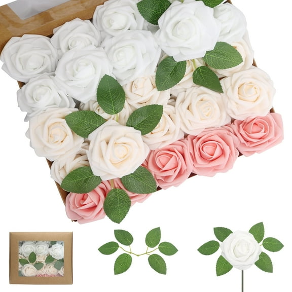 Artificial Flowers Champagne Series Roses 25PCS Real Looking Foam Fake Roses with Leaves for DIY Wedding Bouquets Bridal Shower Party Decorations