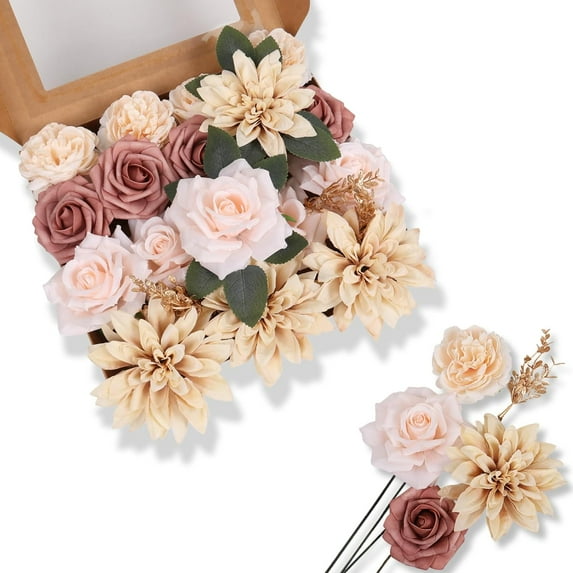 Artificial Flowers Combo Box Set Rose Silk Mix Peony Fake Flowers with Stems for DIY Bridal Wedding Bouquets Centerpieces Baby Shower Party Home Decorations Cream White