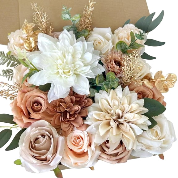 Artificial Flowers Combo Box Set Terracotta Silk Roses Dahlia With Stems Diy Bridal Wedding Bouquets Cake Boho Nude Beige Floral Arrangements Shower Party Table Centerpieces Home Decor