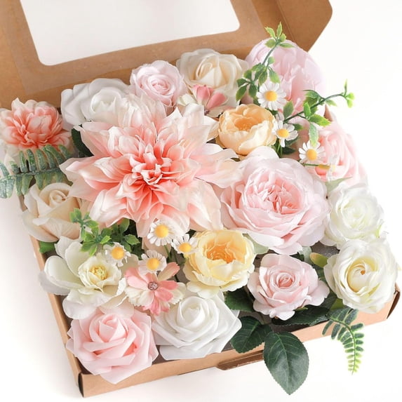Artificial Flowers Combo Mix Silk Flowers Dahlia Roses with Stems for DIY Wedding Bridal Bouquets, Baby Shower, Floral Arrangement, Table Centerpieces, Christmas Home Decoration