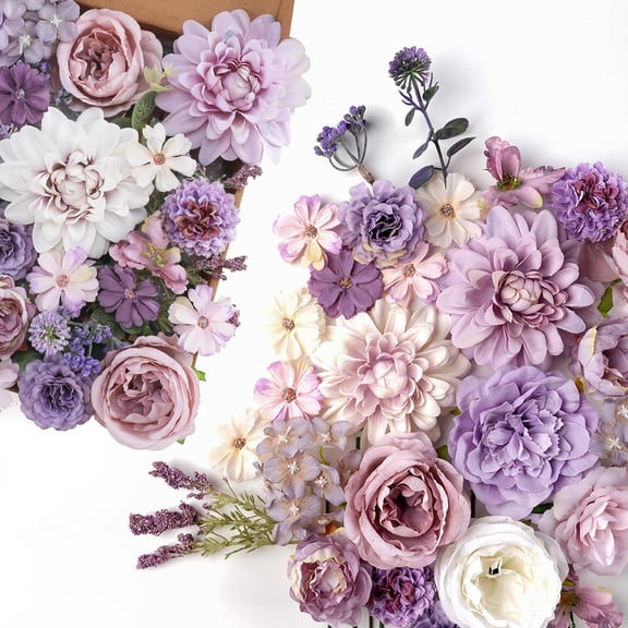 Artificial Flowers Combo Purple Flowers Mix Silk Flowers Dahlia Roses with Stems for DIY Wedding Bridal Bouquets, Baby Shower, Floral Arrangement, Table Centerpieces, Home Decorations