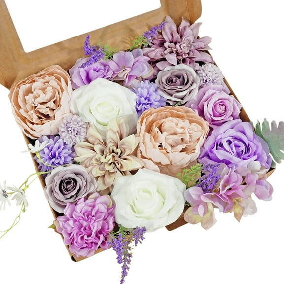 Artificial Flowers Combo Purple Flowers Mix Silk Flowers Dahlia Roses with Stems for DIY Wedding Bridal Bouquets, Baby Shower, Floral Arrangement, Table Centerpieces, Home Decorations(Purple)