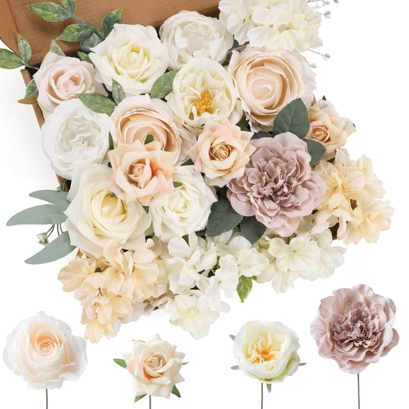 Artificial Flowers Combo White Flowers Mix Silk Flowers Dahlia Roses with Stems for DIY Wedding Bridal Bouquets, Baby Shower, Floral Arrangement, Table Centerpieces, Home Decorations.