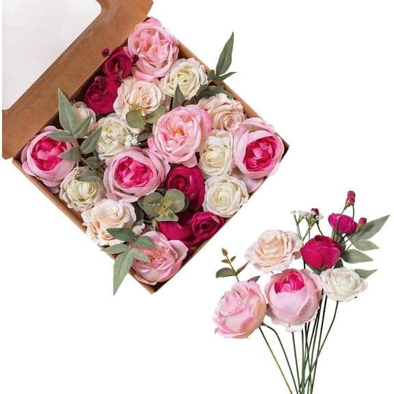 Artificial Flowers for DIY Bouquet, Faux Rose Combo Peony Ranunculus Stems in Pink White Burgundy for Vase, Floral Arrangement, Centerpieces, Wedding, Home Decor, Party Decoration