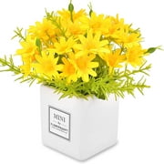 Artificial Flowers, Daisy Flower with Vase Silky Artificial Daisies Bouquet Fake Plant Bonsai for Home Office Wedding Decoration, Table Centerpieces Arrangement, Windowsill Decor, Yellow