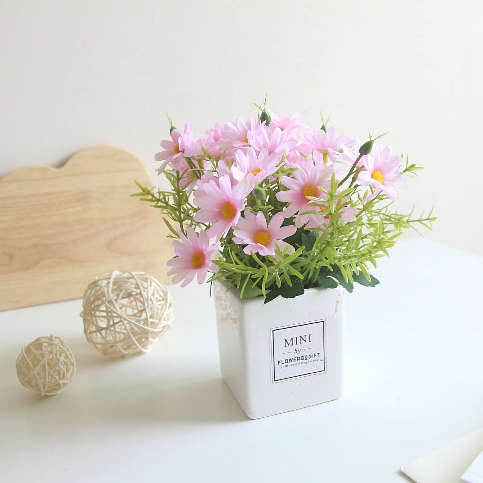 Artificial Flowers, Daisy Flower with Vase Silky Artificial Daisies Bouquet Fake Plant Bonsai for Home Office Wedding Decoration, Table Centerpieces Arrangement, Windowsill Decor, Pink