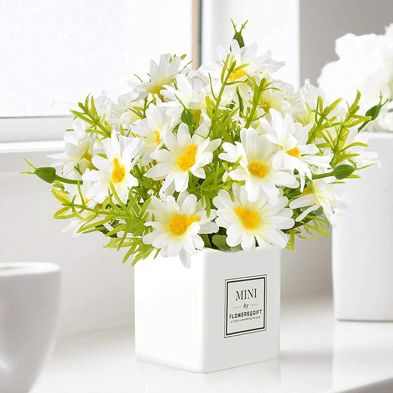 Artificial Flowers, Daisy Flower with Vase Silky Artificial Daisies Bouquet  Fake Plant Bonsai for Wedding Decoration, Decor
