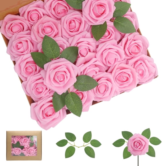 Artificial Flowers Dark Pink Roses 50PCS Real Looking Foam Fake Roses with Leaves and for DIY Wedding Bouquets Bridal Shower Centerpieces Party Decorations