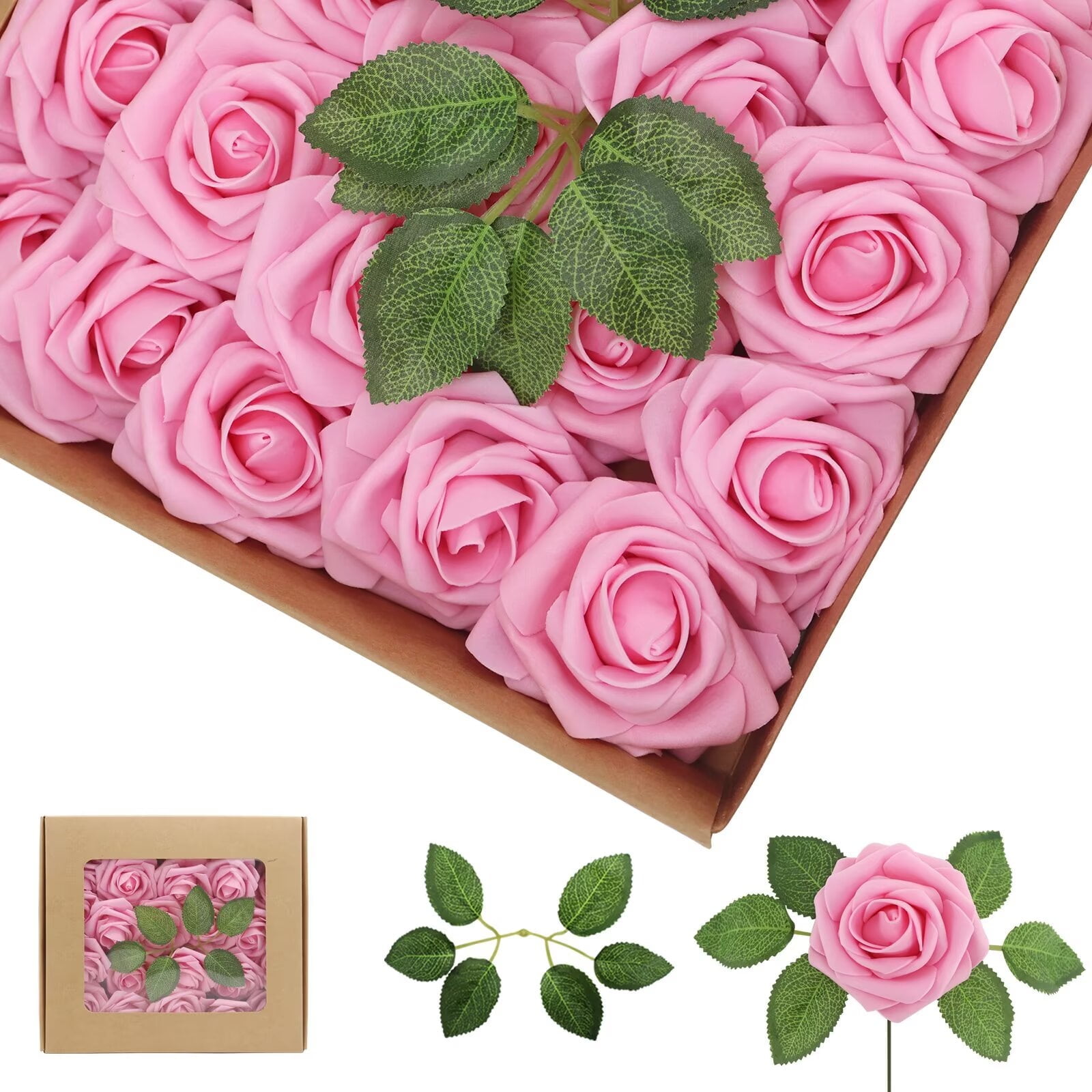 Artificial Flowers Dark Pink Roses 50PCS Real Looking Foam Fake Roses ...
