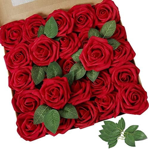 Artificial Flowers Dark Red Rose 50pcs Real Looking Fake Roses w/Stem ...