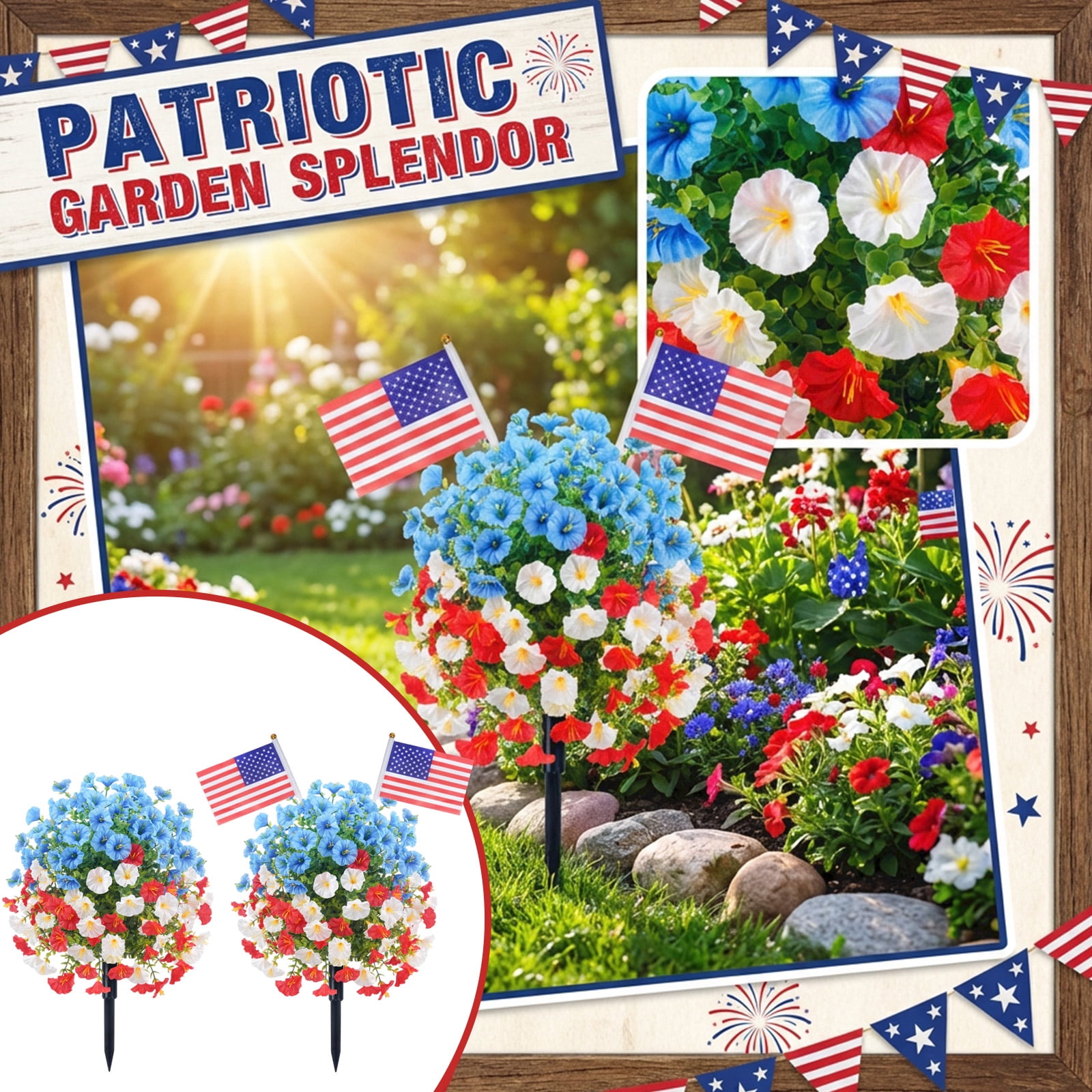 Artificial Flowers for Decoration, Yard Decorations Outdoor, Uv Resistant Outdoor Flowers, Red White Blue Artificial Blooms, 1 Pc, 15 in Ground Stake, 4Th of July Lawn, Summer