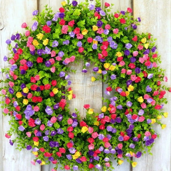 Artificial Flowers Door Wreath Decor,Farmhouse Colorful Cottage Wreath,Colorful Spring Summer Wreath W/Flower Green Leaves for Front Door,Beautiful Artificial Wreath Wall Garden