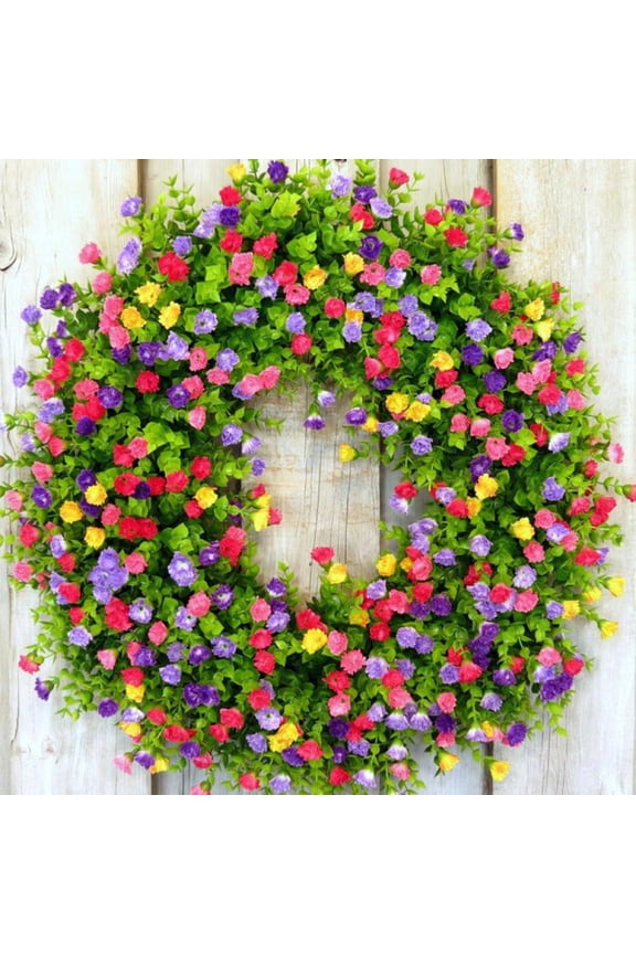 Artificial Flowers Door Wreath Decor,Farmhouse Colorful Cottage Wreath,Colorful Spring Summer Wreath W/Flower Green Leaves for Front Door,Beautiful Artificial Wreath Wall Garden