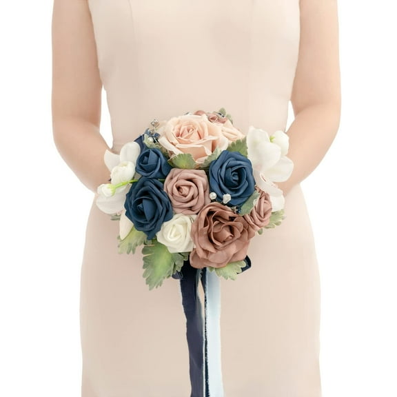 Artificial Flowers Dusty Rose & Blue Bridesmaid Bouquet, Wedding Flowers Bouquets for Bridesmaids, 7 Inch Bridal Bouquets for Bridesmaids, Wedding, Ceremony, Anniversary, etc