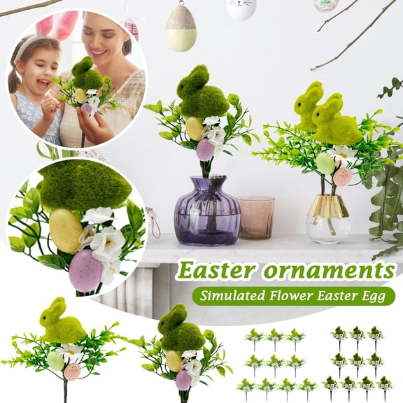 Artificial Flowers For Easter, Colored Eggs Bunny Decorative Stems With Green Leaves, 10 Pcs - 26Cm Long With Bendable Steel Wire Stems, Reusable Handmade Decor - For Home