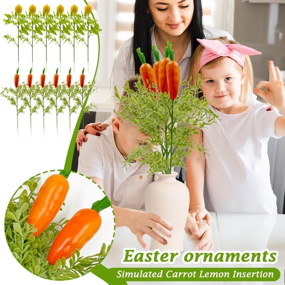 Artificial Flowers, Easter Radish Lemon Decorative Flower Arrangements, 6 Pcs Simulated Carrot Lemon Insertions With Colorful Egg Bunnies & Green Leaves, Reusable Handmade