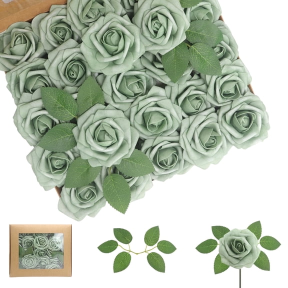 Artificial Flowers Elf Green Roses 50PCS Real Looking Foam Fake Roses with Leaves and for DIY Wedding Bouquets Bridal Shower Centerpieces Party Decorations