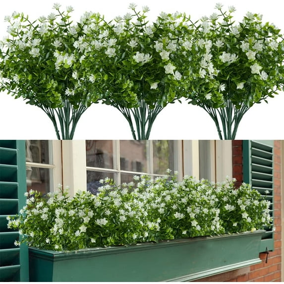 Artificial Flowers, Fake Artificial Greenery UV Resistant No Fade Faux Plastic Plants for Wedding Bridle Bouquet Indoor Outdoor Home Garden Kitchen Office Table Vase (White)