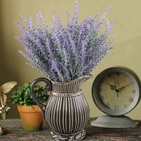 Artificial Flowers Fake Lavender Faux Purple Flocked Plastic Flowers Plants for Home Wedding Kitchen Garden Patio Window Box Office Table Centerpieces Indoor Outdoor Décor