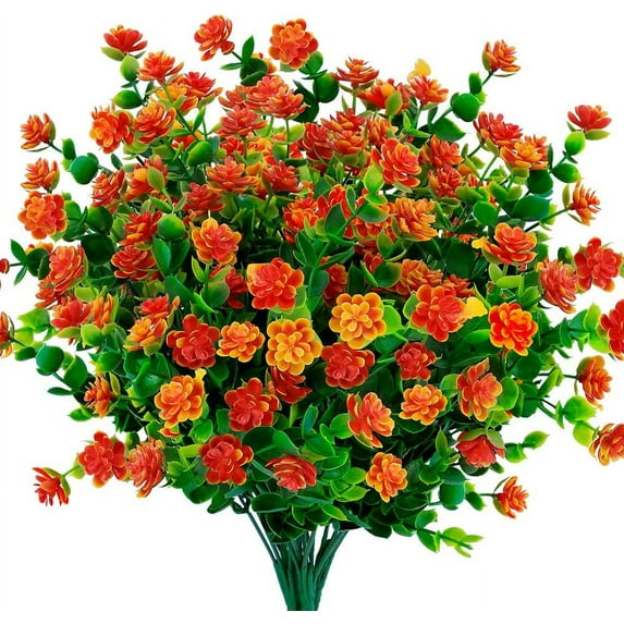 Artificial Flowers, Fake Outdoor UV Resistant Boxwood Shrubs Faux Plastic Greenery Plants for Outside Hanging Planter Patio Yard Wedding Indoor Home Kitchen Farmhouse Decor(Orange Red)