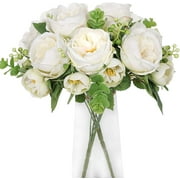 Artificial Flowers Fake Peony Silk Flowers Arrangements with Eucalyptus Leaves Faux Realistic Bouquet for Wedding Decoration Home Table Centerpiece Cream White
