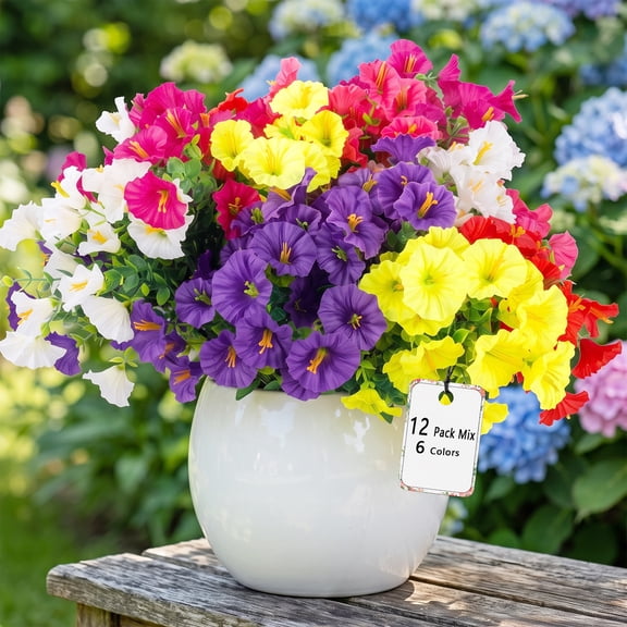 Artificial Flowers for Outdoor Decoration, 12 Bundles Silk Colorful Morning Glory with Realistic Faux Flowers for Planter Porch Patio Yard Garden, Mix 6 Colors