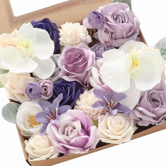 Artificial Flowers Combo Box, Lavender Purple Cream Flowers Set for DIY Wedding Bouquets Bridal Shower Table Centerpieces Floral Arrangements Party Decorations Home Cake Decor