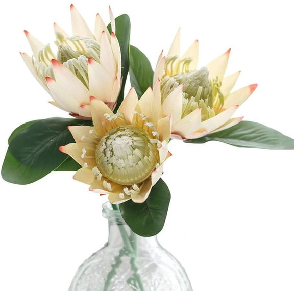 Artificial Flowers Fake Silk Protea Cynaroides Plastic Flower Arrangements Decor Bouquet for Wedding Table Centerpieces 3pcs (Champagne)