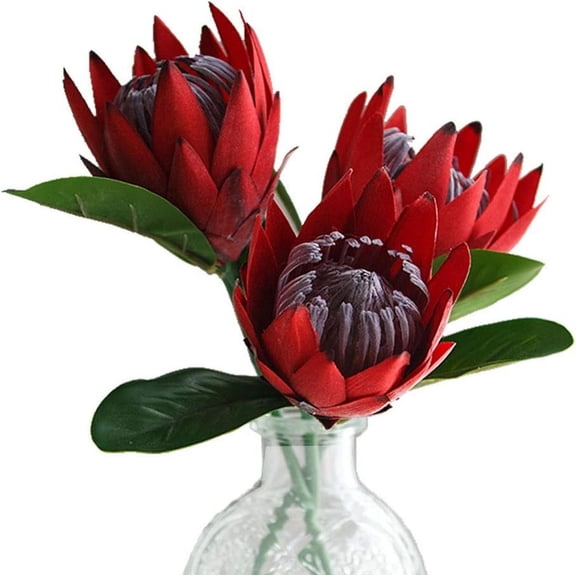 Artificial Flowers Fake Silk Protea Cynaroides Plastic Flower Arrangements Decor Bouquet for Wedding Table Centerpieces 3pcs (Red)