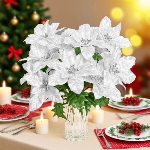 Artificial Flowers, Faux Bouquet, Christmas Decor, 7 Fork Silk Floral Arrangement with Greenery for Home Table Centerpiece