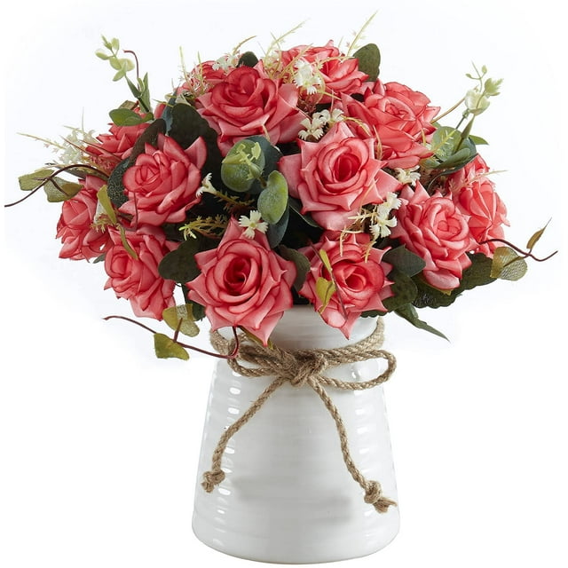 Artificial Flowers,Faux Flower in Vase Decor, Silk Rose Fake Flower Arrangements Bouquets with Vase,Table Centerpieces Living Dinning Coffee Kitchen（Red）
