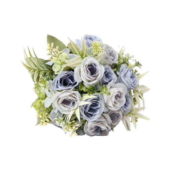 Artificial Flowers Faux Roses Silk Flowers Artificial Bouquet for Wedding Table Centerpiece Floral Vase Home Office Bridal Decor (Blue)