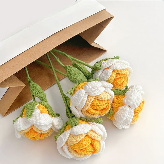 Artificial Flowers, Gaqring Handwoven Gradual Rose Woolen Thread Hooked Flower Bundle, Realistic Shape Color Customizable Petals Leaves Long Stems Home Decor Gift, Yellow