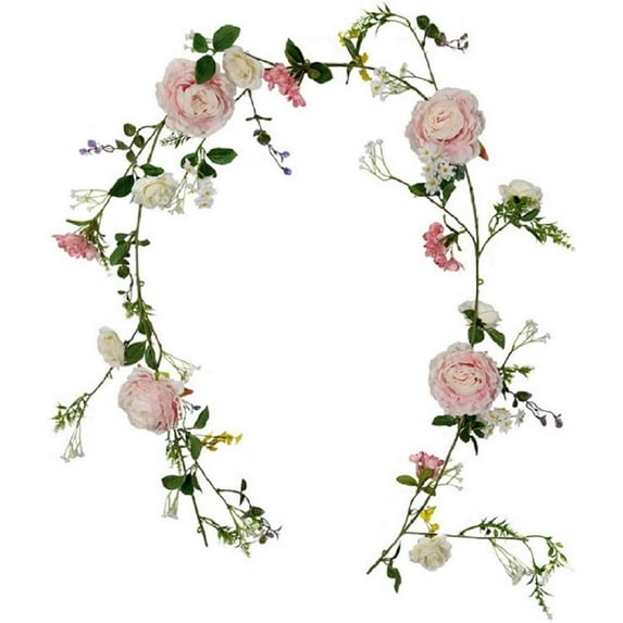 Artificial Flowers Garland, 6 Ft Floral Greenery Garland Rose Flower Vine Garland with Mixed Peony Flowers and Green Leaves for Wedding Dining Table Home Party Decor