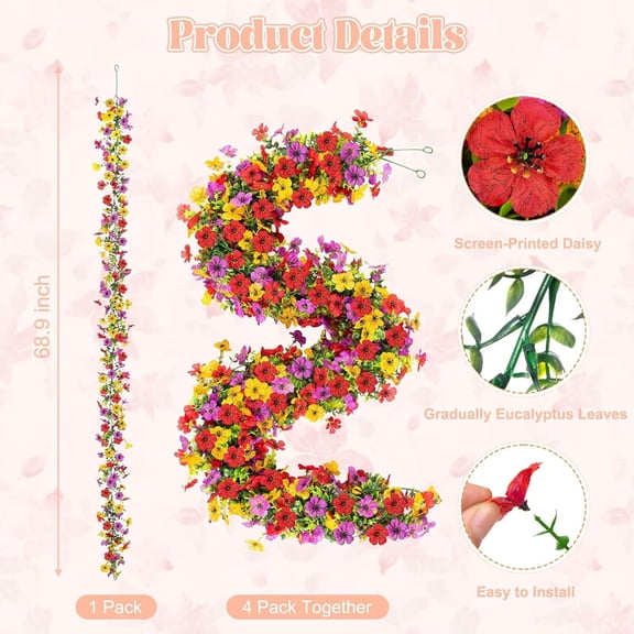 Artificial Flowers Garland Ivy, 4 Pack Spring Summer Decor UV Resistant Fake Mums Floral Vine Silk Daisy Hanging Flower for Home Garden Wedding Decor Photo Booth Backdrop(Red purple yellow)