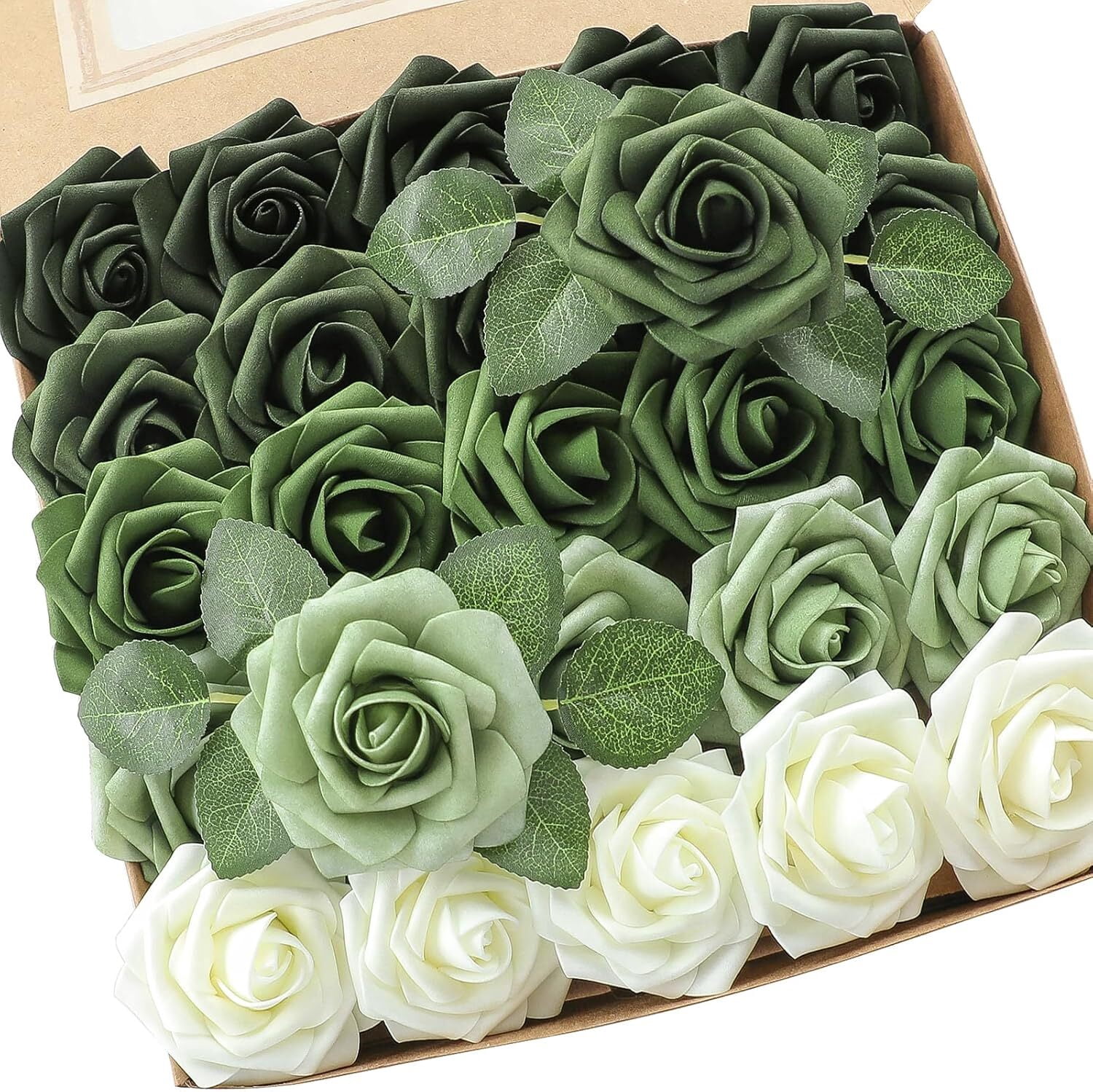 Artificial Flowers,Gradient Green Roses with Stems, Rustic Farmhouse Decor for Home Wedding Kitchen and Office Ideal Bridal Shower Party Home Decorations(50 Pcs)