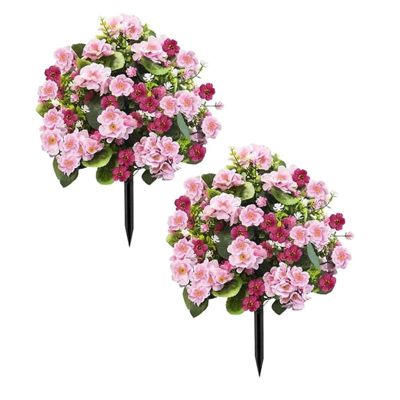 Artificial Flowers with Ground Spikes, 22 Inch Realistic Geranium Begonia Violet Faux Floral Arrangement, UV Resistant Outdoor Garden Patio Yard Decor