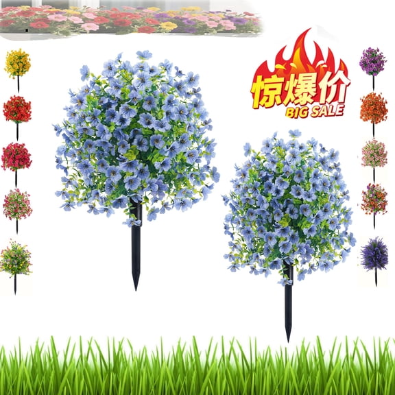 Artificial Flowers with Ground Spikes, Artificial Boxwood Topiary Ball Bush with Flowers for Outdoor, UV Resistant Faux Greenery Shrubs for Garden, Yard, Porch, Patio Decor (2PCS)