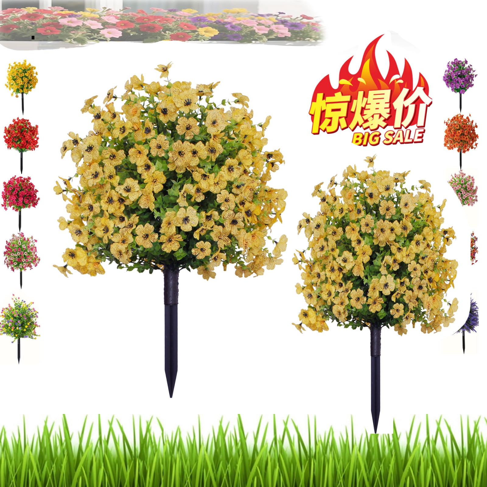 Artificial Flowers with Ground Spikes, Artificial Boxwood Topiary Ball Bush with Flowers for Outdoor, UV Resistant Faux Greenery Shrubs for Garden, Yard, Porch, Patio Decor (2PCS)