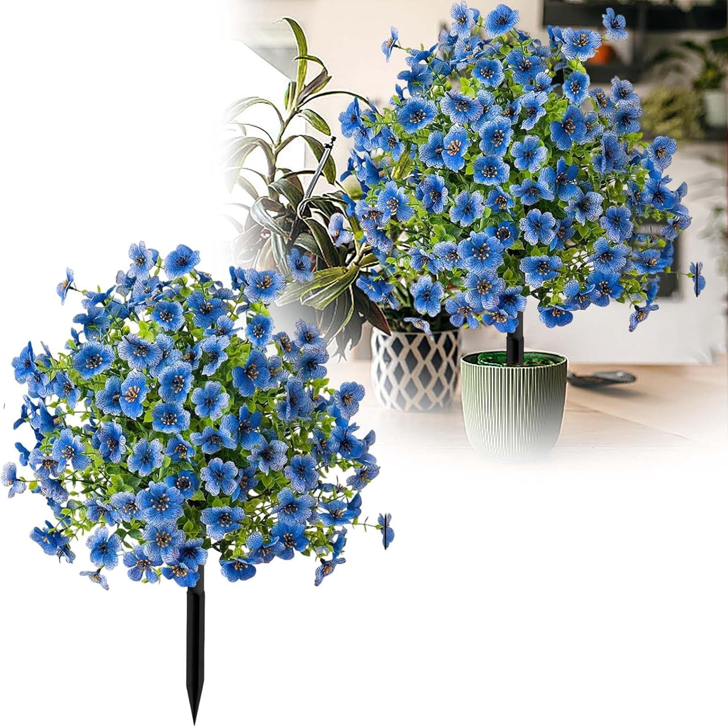 Artificial Flowers with Ground Spikes,Artificial Flowers for Outdoor Garden,UV Resistant & Waterproof,Flower Decor for Yard Lawn Patio Walkway Porch Home (Blue)