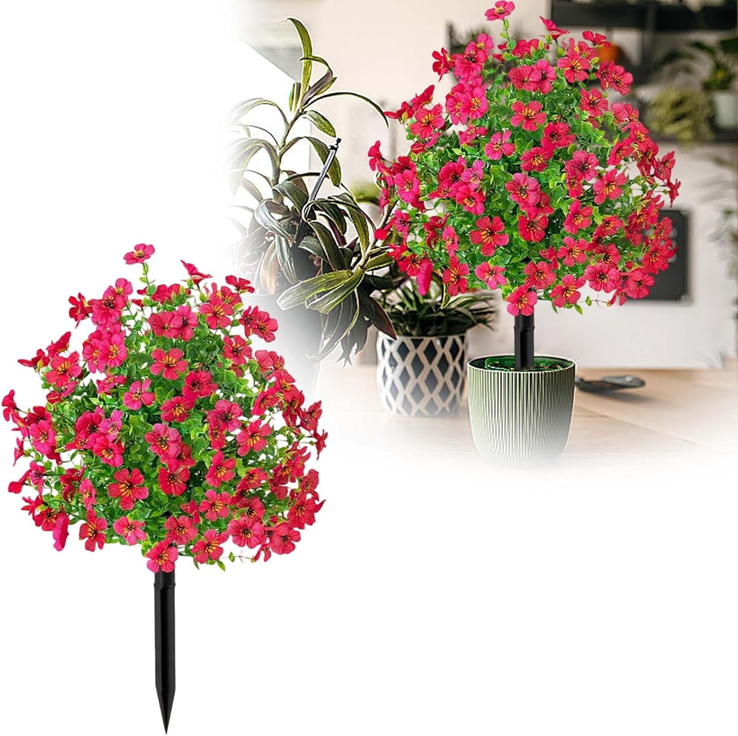 Artificial Flowers with Ground Spikes,Artificial Flowers for Outdoor Garden,UV Resistant & Waterproof,Flower Decor for Yard Lawn Patio Walkway Porch Home (Light red)