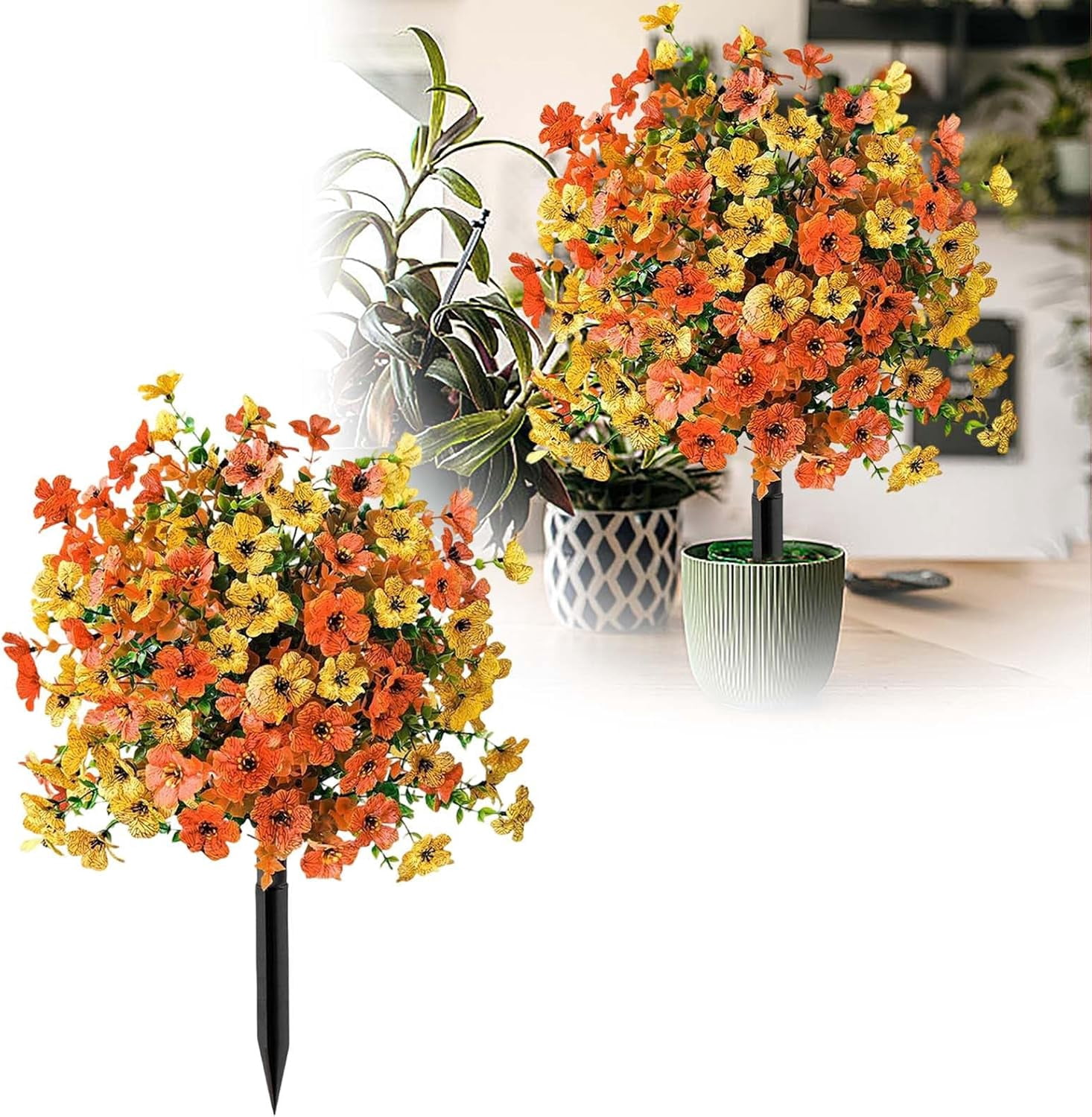 Artificial Flowers with Ground Spikes,Artificial Flowers for Outdoor Garden,UV Resistant & Waterproof,Flower Decor for Yard Lawn Patio Walkway Porch Home (Orange A)