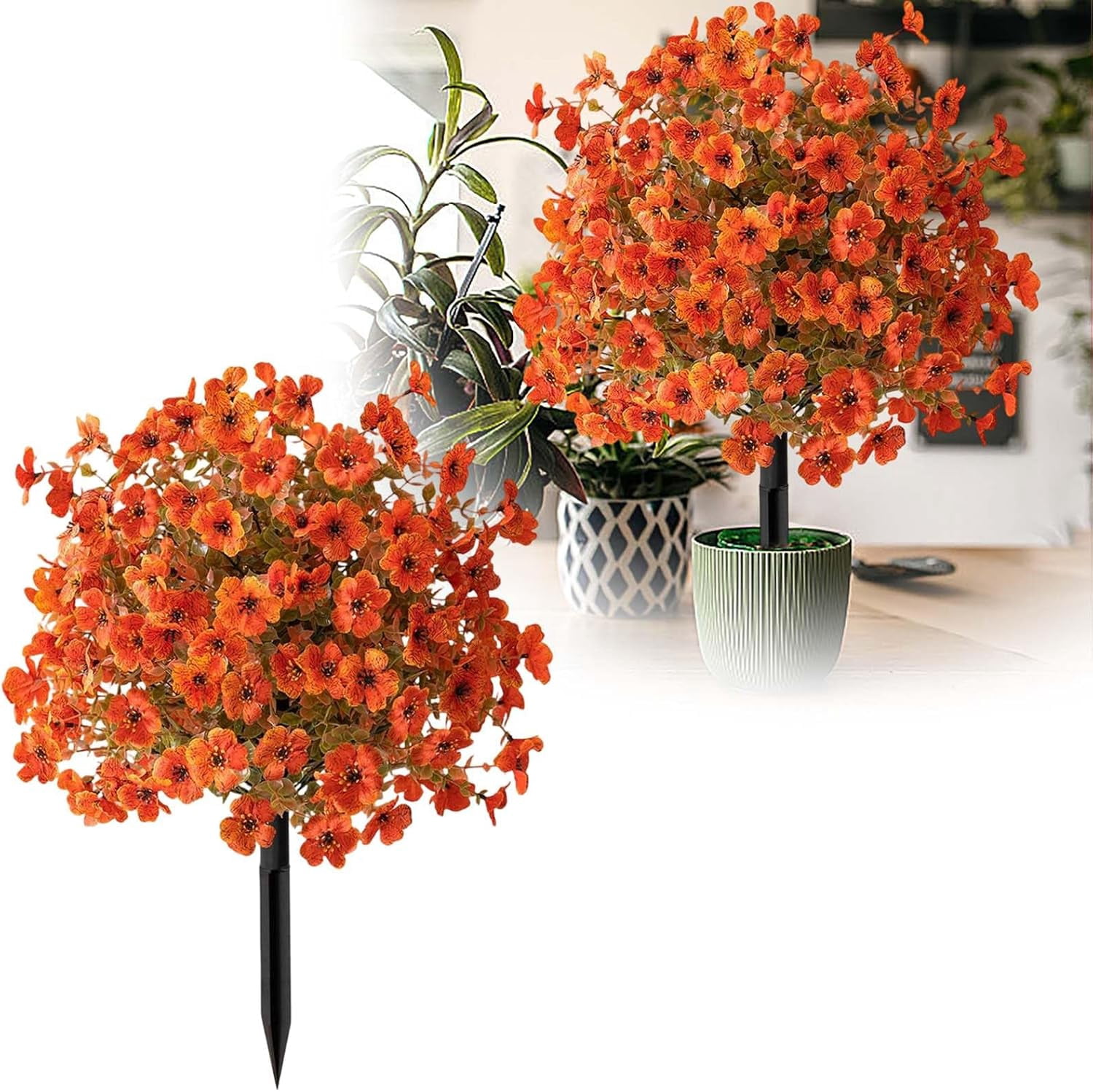 Artificial Flowers with Ground Spikes,Artificial Flowers for Outdoor Garden,UV Resistant & Waterproof,Flower Decor for Yard Lawn Patio Walkway Porch Home (Orange)