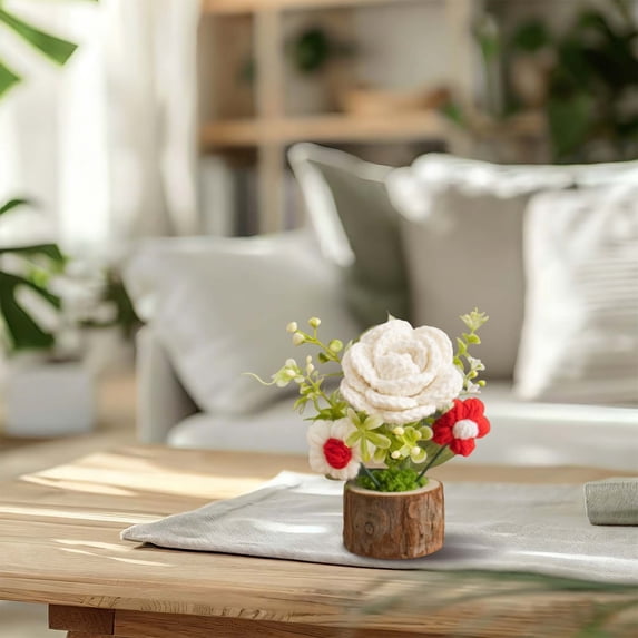 Artificial Flowers,Hand Woven Rose Ornament Log Base Wool Flower Desktop Home Decoration Small Ornament Desktop Decoration Souvenir Multi Color Optional