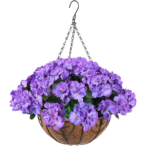 Artificial Flowers Hanging Basket with Begonia Silk Flowers for Outdoor/Indoor, Artificial Geranium Flowers in 12'' Basket for Patio Lawn Garden Fall Decoration(Orange)
